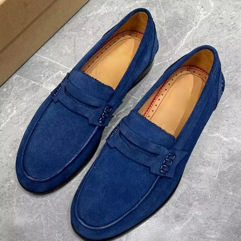 New Dark Blue Men Suede Loafers Luxury Fashion Penny Loafer Shoes Handcrafted Leather Shoes Slip On Casual Flats