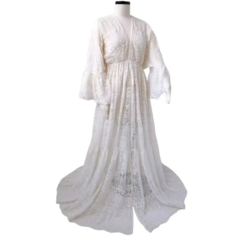 Elegante abito da gravidanza con scollo a V Filo di cotone Ricamo in pizzo Maglia trasparente Boho Servizio fotografico Abito a maniche lunghe per le donne