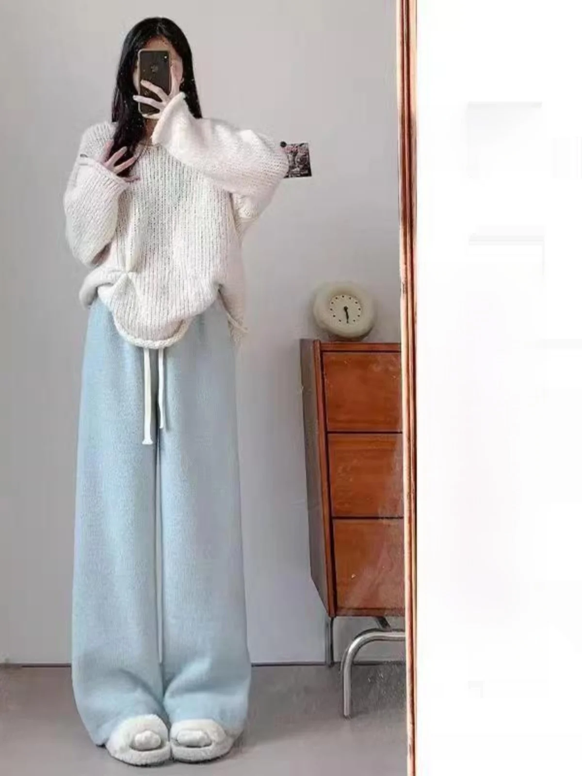 High Waist Knitted Mink Velvet Wide Leg Pants Women Spring Autumn Winter New Style Soft Plush All-Match Straight Rice Noodle ...