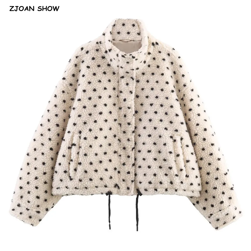 

New Winter Women Beige with Black Polka Dot Front Zipper Fleece Coat Vintage Stand Collar Long Sleeve Loose Shaggy Outerwear