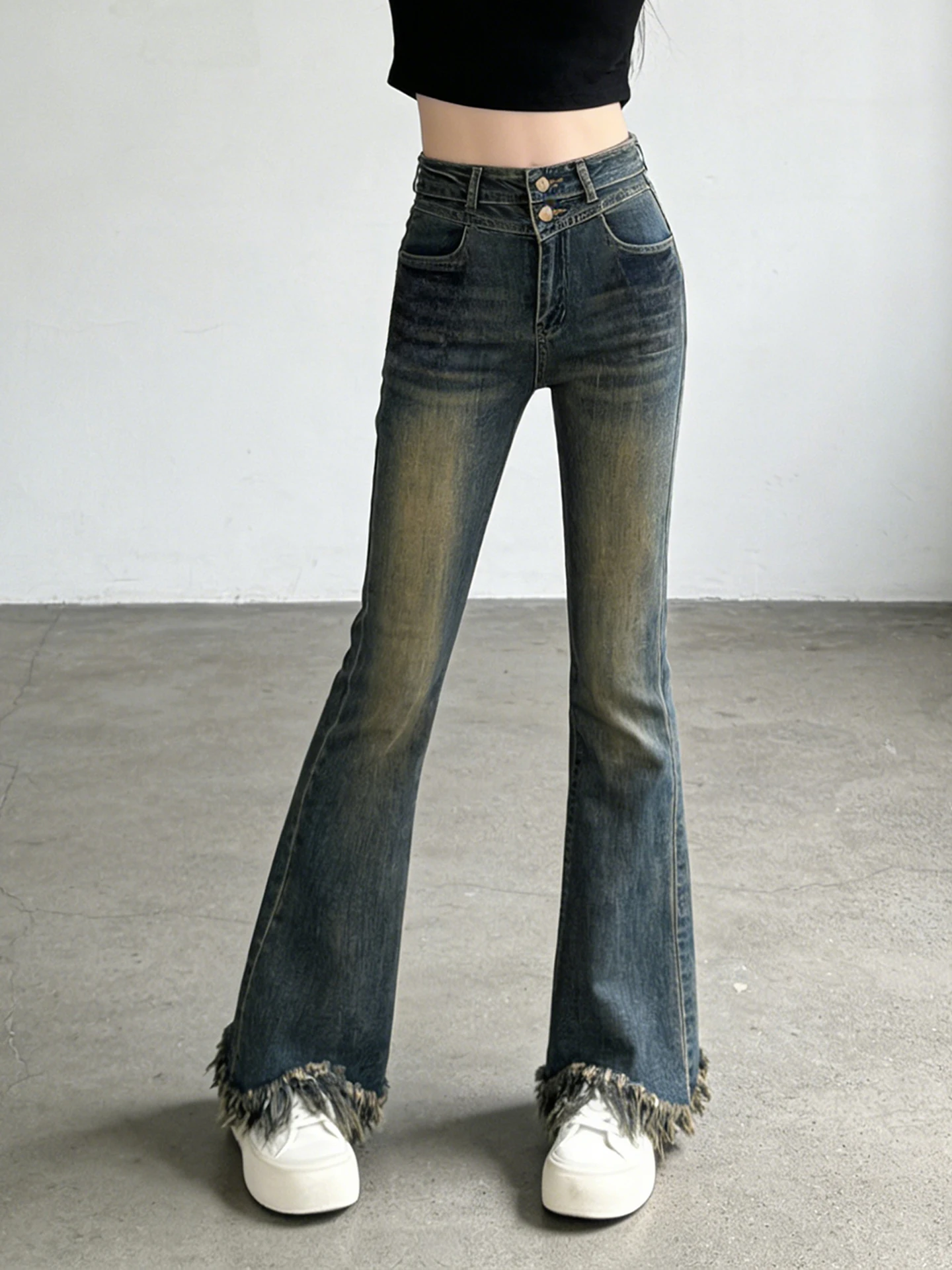

Spring 2026 High Waist Wide Leg Denim Jeans Women's Elastic Frayed Hem Bell Bot Vintage Wa Casual Cotton Polyester Blend