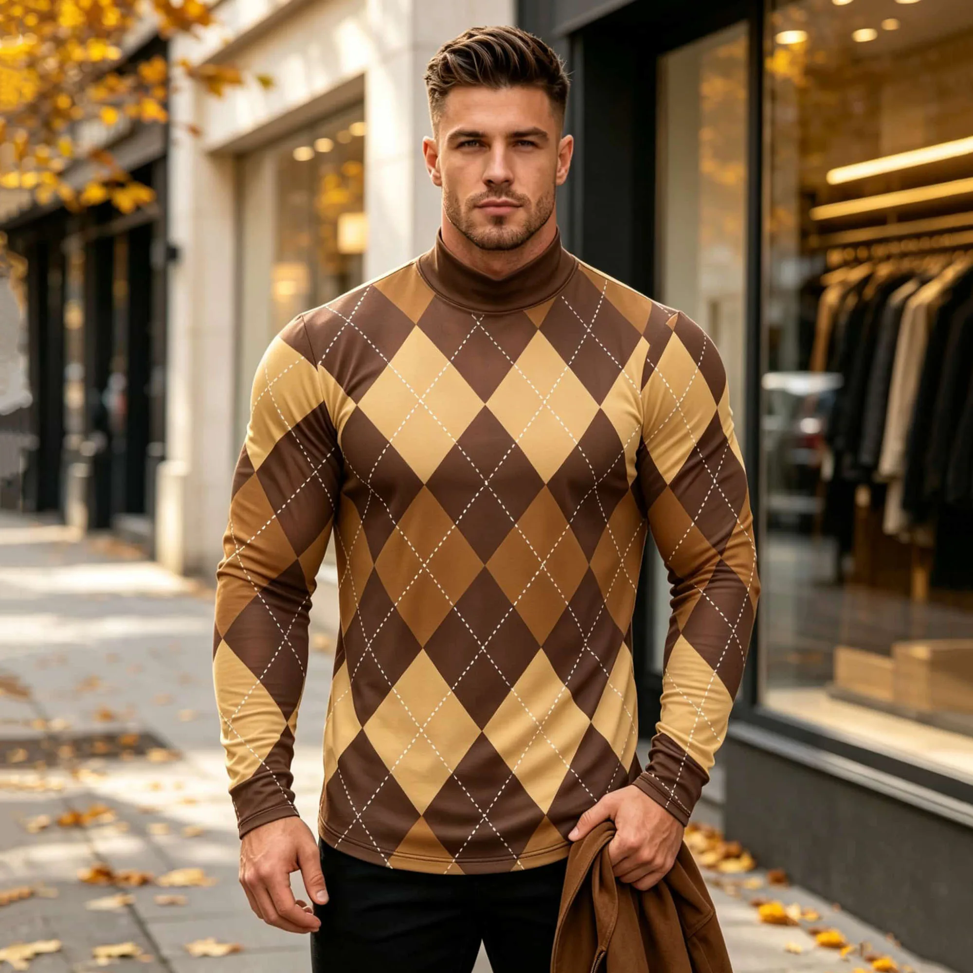 Men Retro Preppy Style Long Sleeve Shirt Classic Argyle Check Pattern Mock Neck Pullover Daily Street Outfit