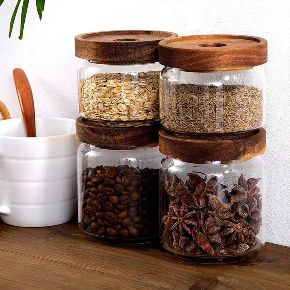 Multifunktionale Glas-Vorratsdose mit Holzdeckel, Klare Verstärkte Luftdichte Behälter für Kaffeebohnen, Runde Lebensmittel-Aufbewahrungsbehälter für Zucker