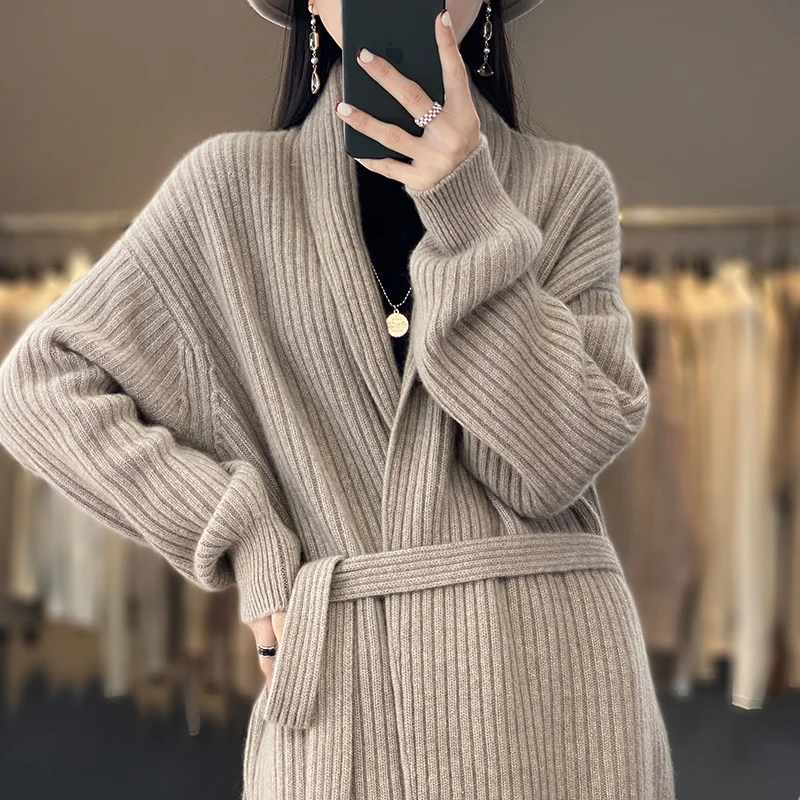 Autumn And Winter 100% Wool Long Cardigan Women\'s V-Neck Color Matching Thick Coat Sweet Strawberry Cashmere Knit Top Sweater