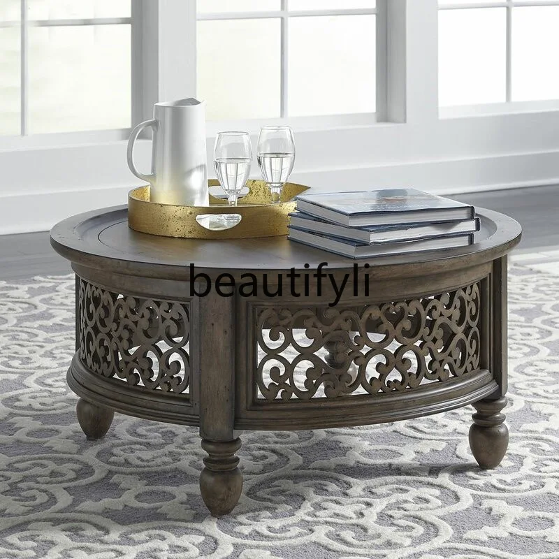 

French American Style Solid Wood Vintage Living Room Round Coffee Table Black Distressed Small Apartment Balcony