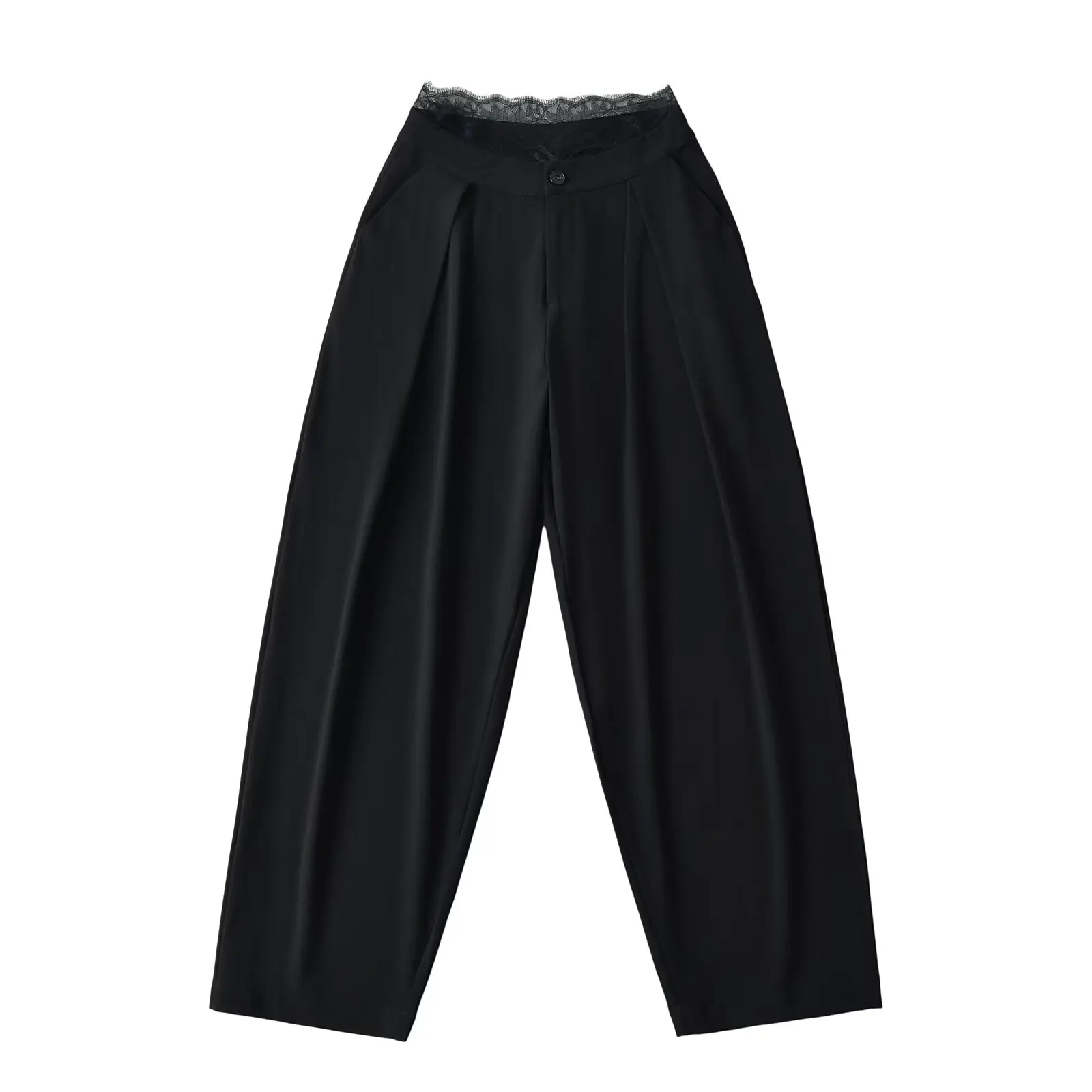 High Waist Loose Fit Lace Detailing Casual Straight Leg Trousers Women's Spring Autumn Wide Leg Floor Length Pants