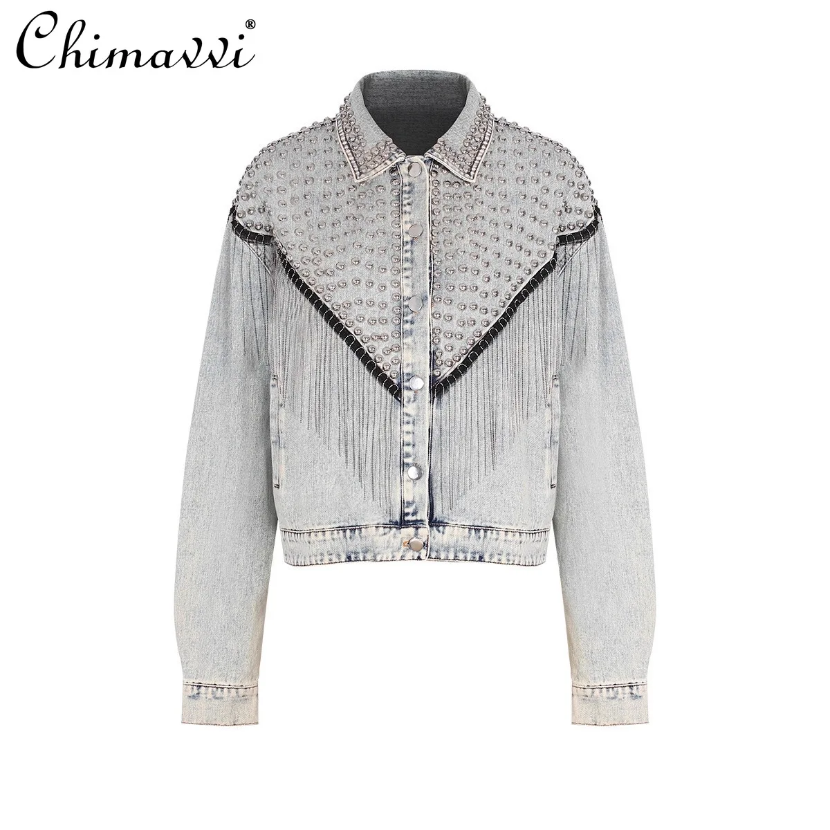 

Модные джинсовые пальто для тяжелой промышленности, металлические заклепки, расшитые бисером кисточки, свободные повседневные однобортные короткие джинсовые куртки для женщин, осень