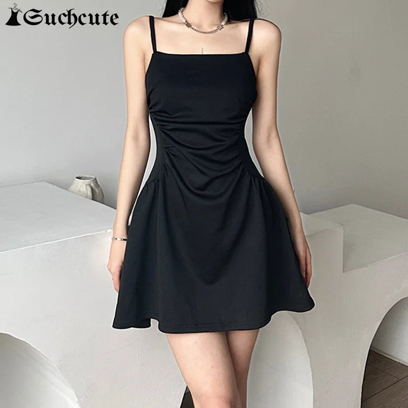 SUCHCUTE Goth Aesthetic Mini Dress Korean Fashion Sleeveless Black A-line Dresses For Women Summer Streetwear Solid Outfits 2023