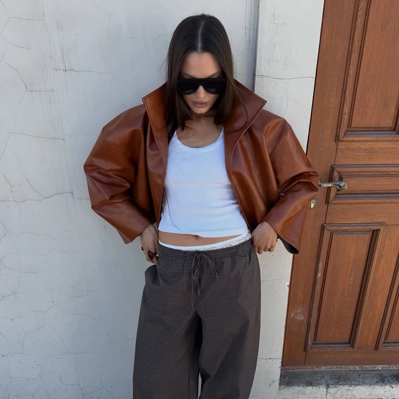 Rollkragen-Kurzjacke aus Kunstleder für Damen, Oversize-Streetwear mit Langen Ärmeln, Einfarbig, Locker Sitzende Mäntel, Schicke Damen-Oberbekleidung, Neue Kollektion – Detail 27