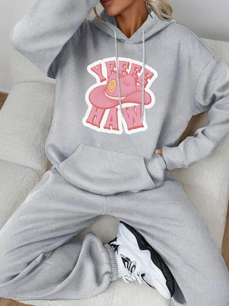 Women's comfortable monogram print hoodie and sweatpants 2-piece set, perfect for women's fall and winter suits