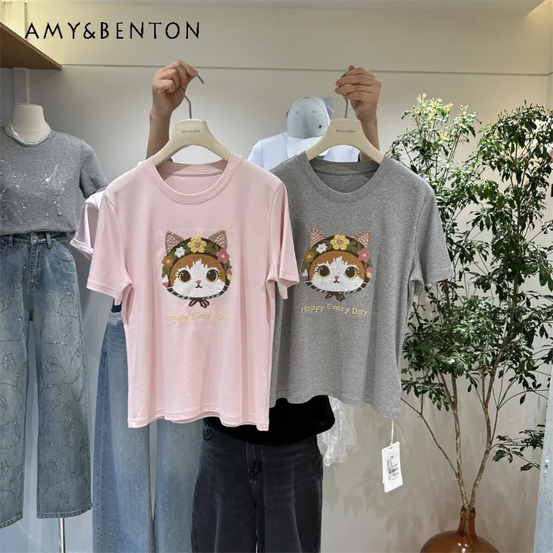 

Kawaii Clothes Women's Short-sleeves T-shirt 2026 Spring-summer New High-end Pure Cotton Cat-printed Loose-fitting Crew Neck Top