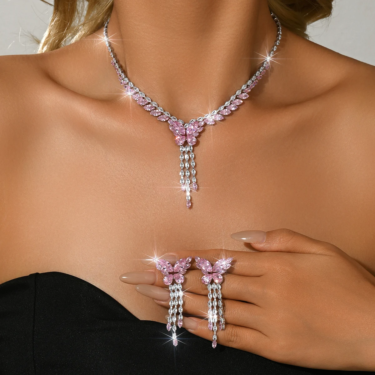 Pink Zirconium Butterfly Tassel Necklace Earrings 2-Piece Set Horse Eye Stone Butterfly V-Neck Necklace, Sweet Princess Wedding