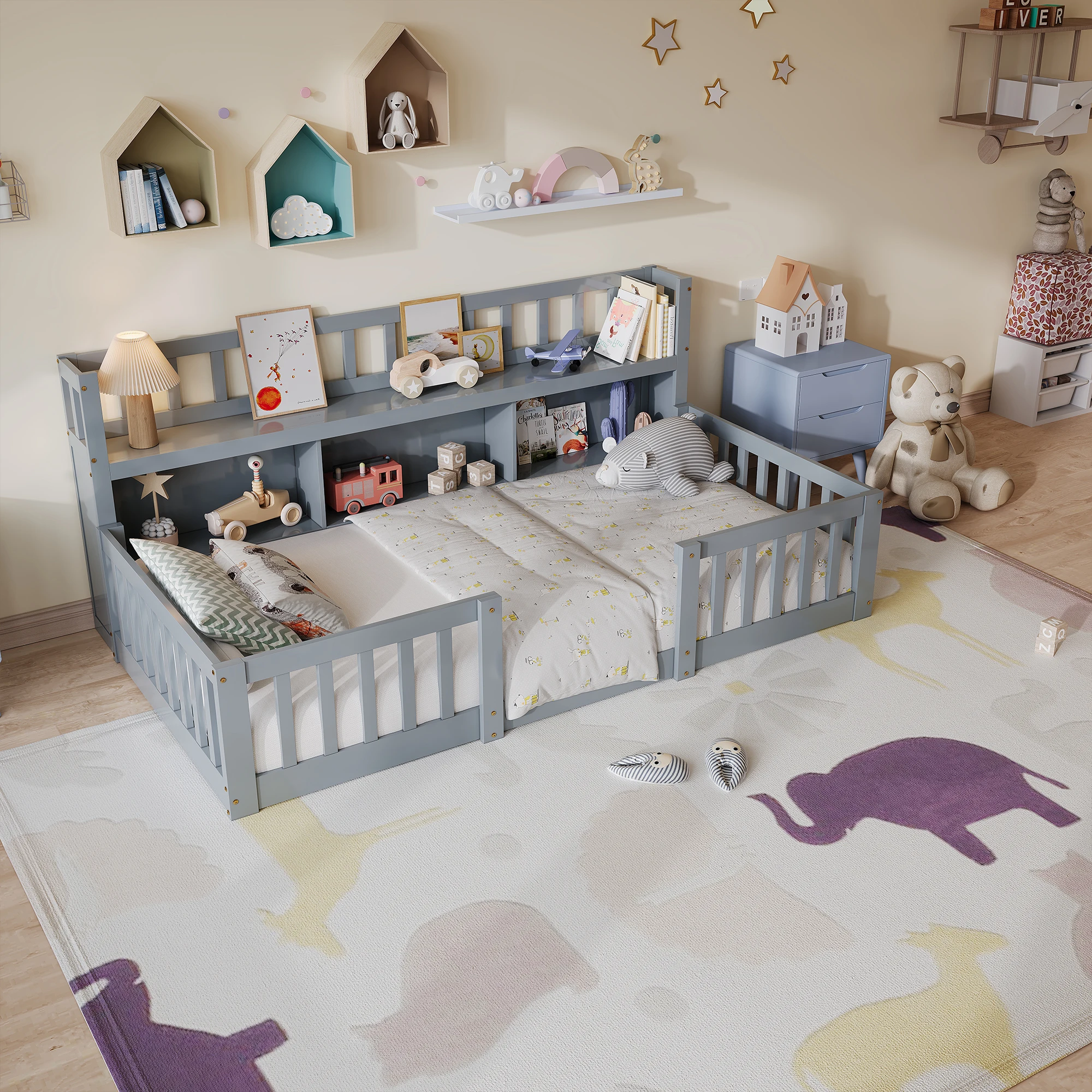 Lit simple, lit enfant, lit au sol, lit Navette Monterey, bibliothèque intégrée, sommier à lattes, barrières de sécurité, 90/140x200 cm, convient pour une chambre d'enfant, une chambre à coucher, matelas non inclus.