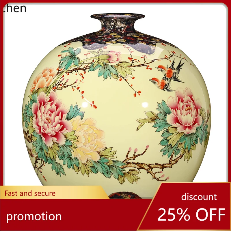 HT hand-painted ceramics pastel flower blooming rich vase Chinese living room TV cabinet decoration ornament