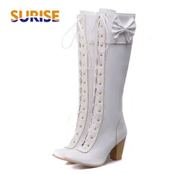 Winter Sweet Women Knee High Boots PU Leather Round Toe 7cm High Block Heels Bowtie Lace-up Lolita Lady Zipper Long Riding Boots