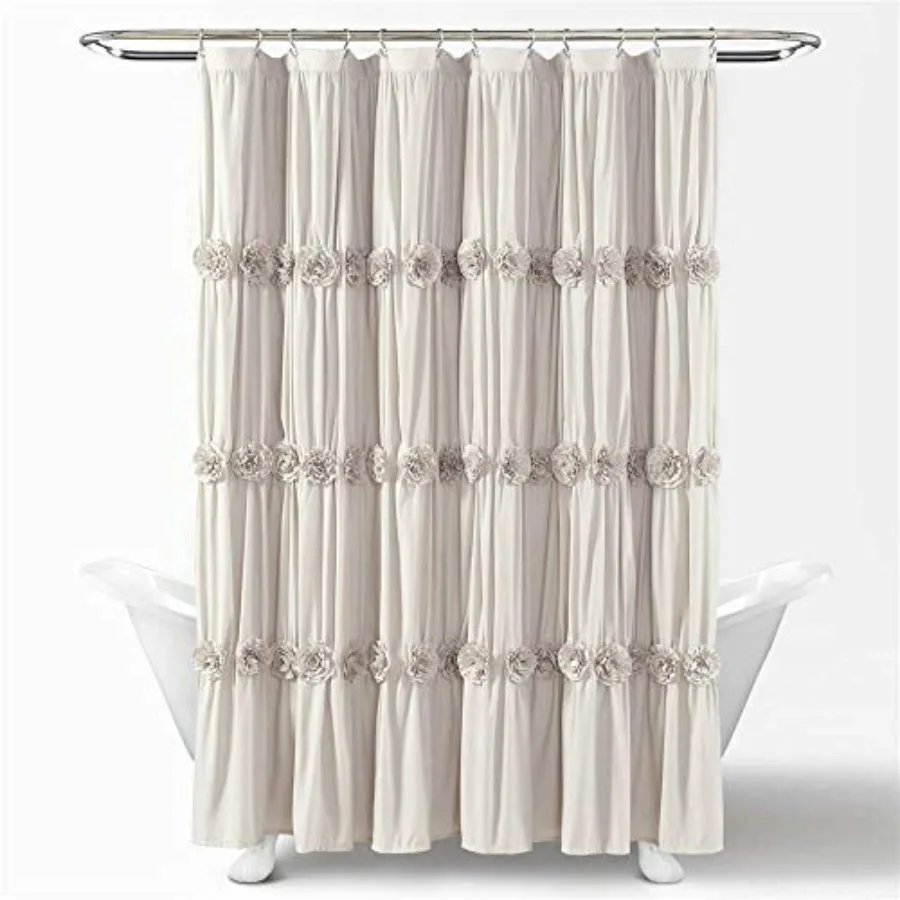 

Neutral Darla Shower Curtain-Ruched Floral Vintage Chic Farmhouse Style Design 72 x 72