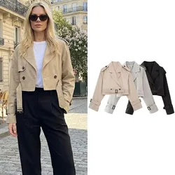 Willshela Women Fashion With Belt Cropped Trench Jacket Vintage Notched Neck Long Sleeve Female Chic Lady Coat Outfits