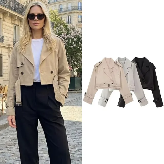 Willshela moda damska z paskiem przycięta kurtka trencz Vintage karbowany dekolt z długim rękawem kobiecy elegancki płaszcz damski stroje