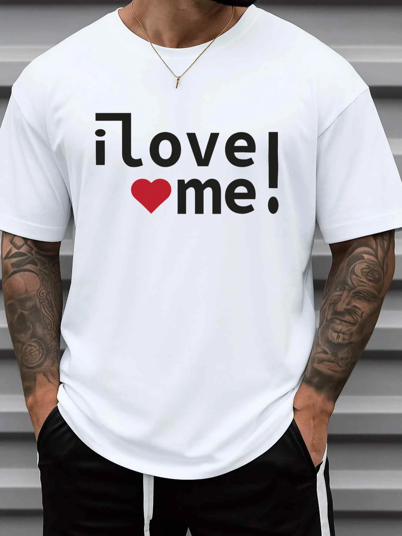 Men's I Love Me Graphic T-Shirt - White with Black Self-Love Slogan and Red Heart Print, Casual Crew Neck Short-Sleeve T-Shirt, Suitable for Gym, Casual Wear, Spring and Summer Outfits, and Self-Love Affirmation Gifts, Men's Casual Fashion T-Shirt
