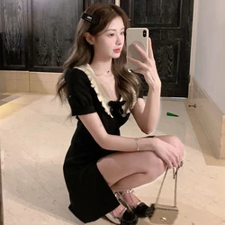 Peter Pan Collar One Piece Ladies Bow Polo Women's Dress Summer Slit Sundress Y2K Korean Dresses Fashion Short Sleeve Mini Skirt