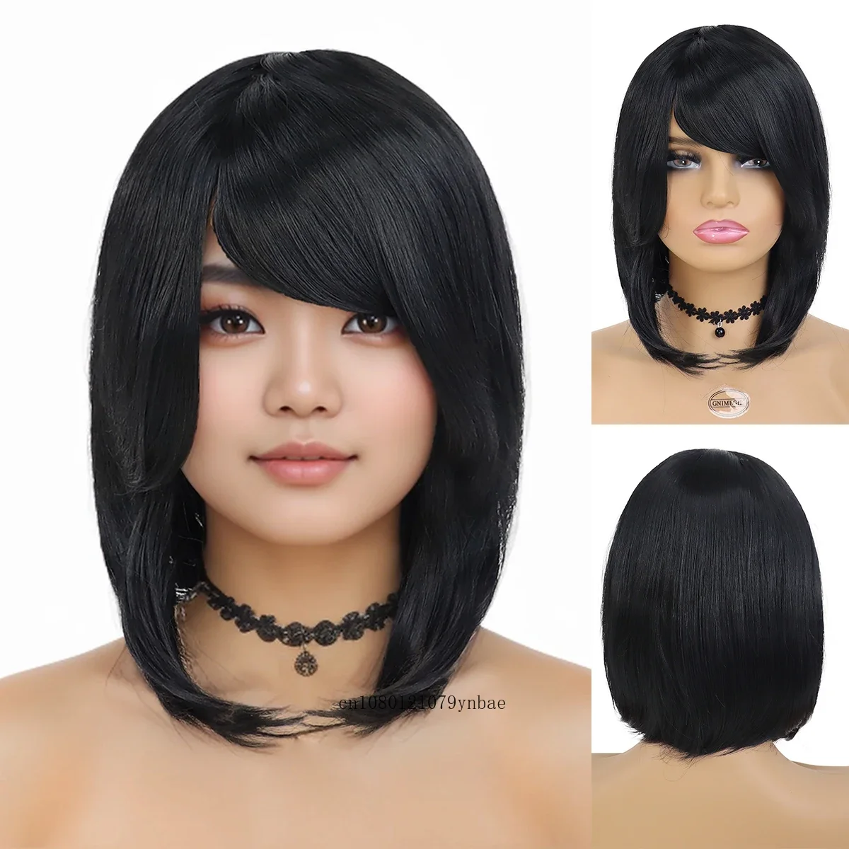 Women's Black Short Bob Synthetic Wig with Side Bangs for Girls Natural Silky Straight Wigs Daily Party Costume Heat Resistant