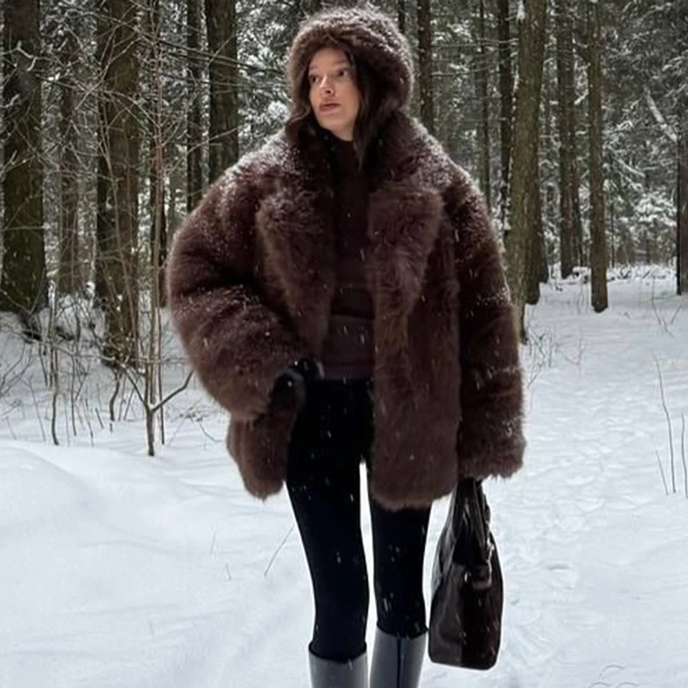 투울라로즈 여성 우아한 인조 모피 코트 따뜻하고 푹신한 루즈핏 긴 소매 라펠 재킷 가을 겨울 패션 하이 스트리트 여성 아우터웨어