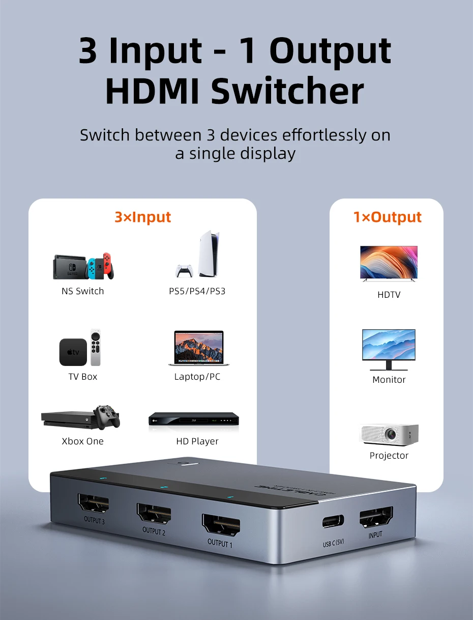 CABLETIME 3-in-1-HDMI-Umschalter 4K 60 Hz HDMI-Splitter für HDTV Xiaomi Mi Box PS5 3-in-1-Ausgang HDMI-Schalter für Laptop MacBook – Detail 4