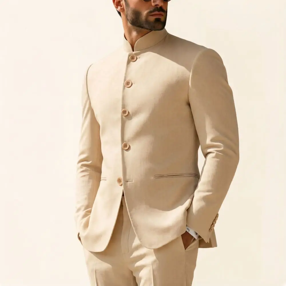

Slim Fit Single Breasted Wedding Suit with Stand Collar Mens White 2 Pieces Clean Formal Jacket Groom Prom Office Evening Wear