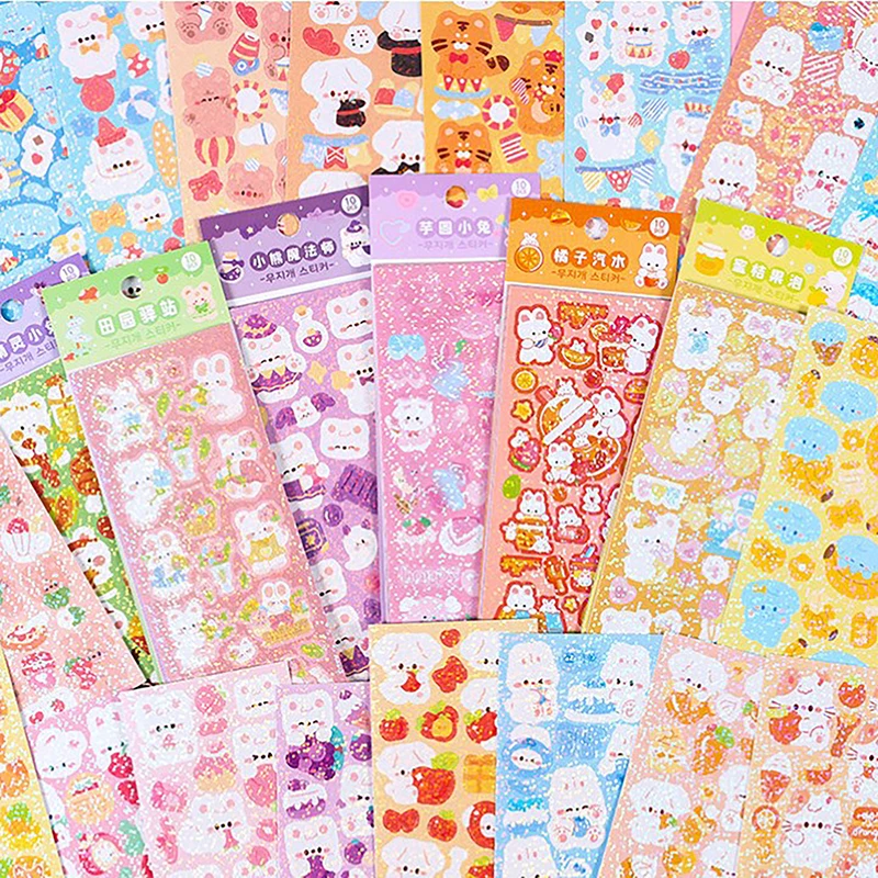 10 Stuks Kawaii Korean Deco Sticker Pack Schattige Kleurrijke Cartoon Ontwerpen Sprankelend Glitter Effect Dagboek Deco