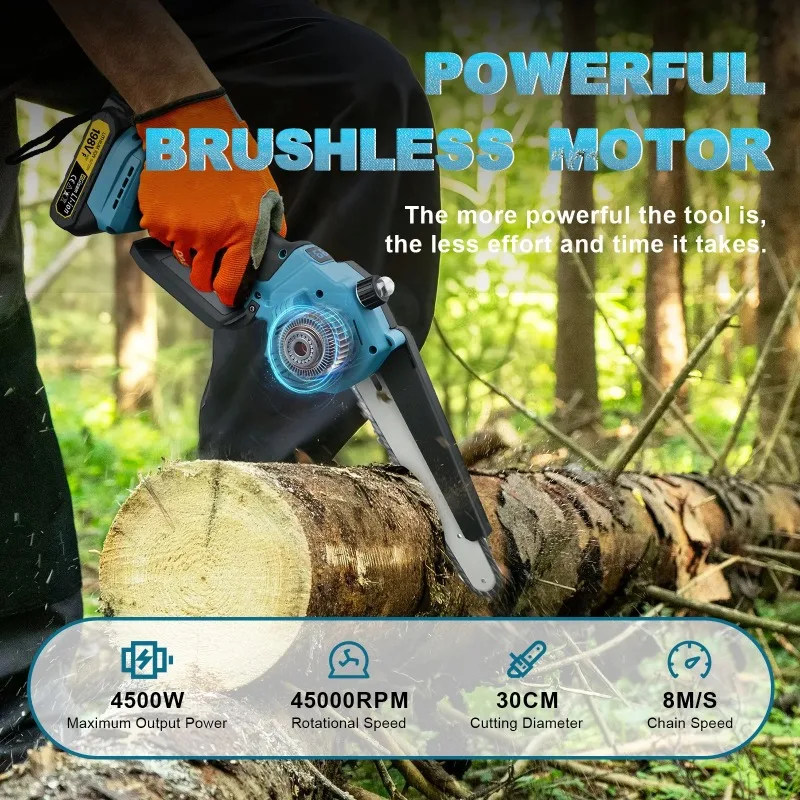 

【Hot Item】 8 Inch Brushless Electric Chainsaw Cordless Portable Electric Saw Woodworking Power Tool For 18v battery pins