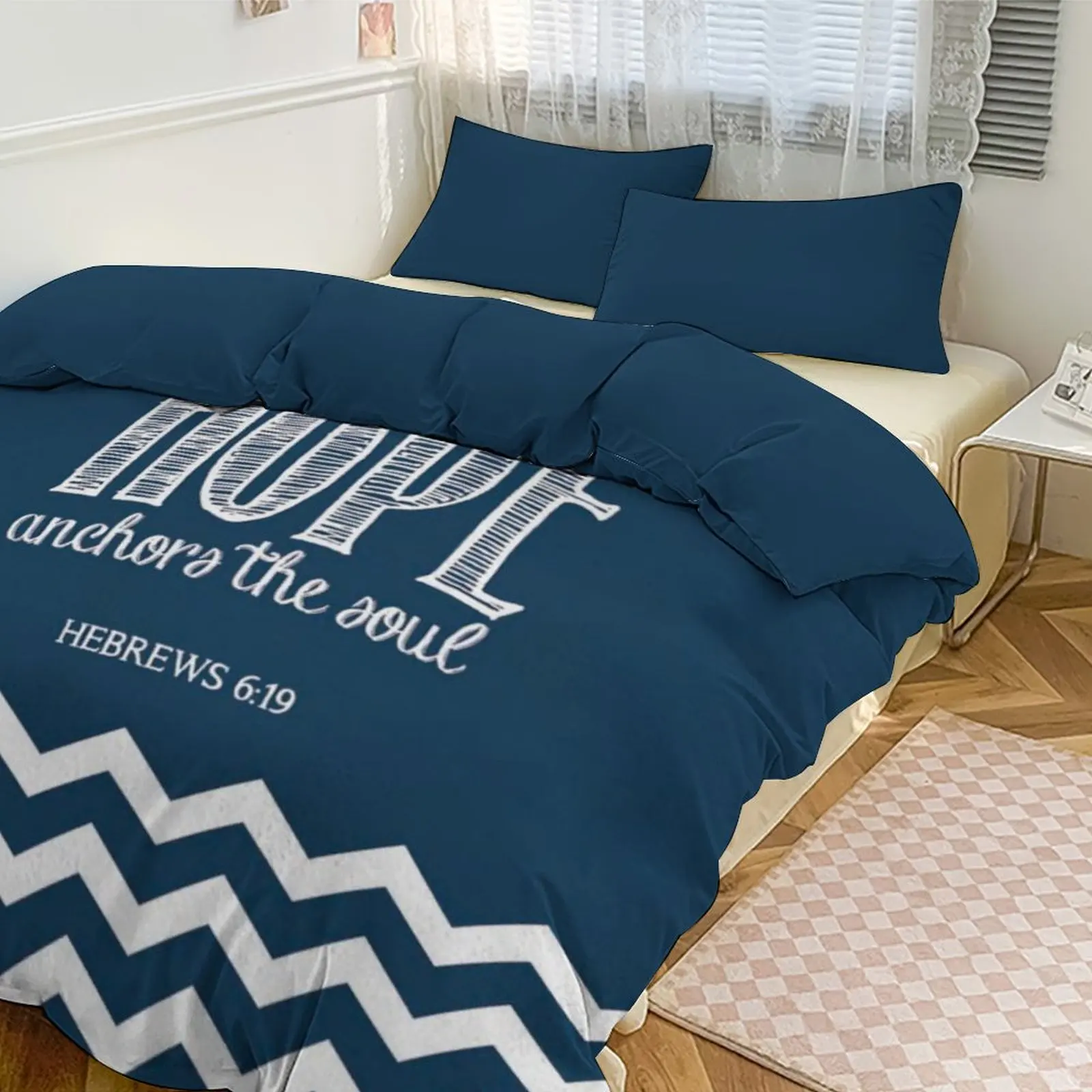 

Cozy Brushed Thickened Bedding Set, Nautical Anchor & Chevron Pattern