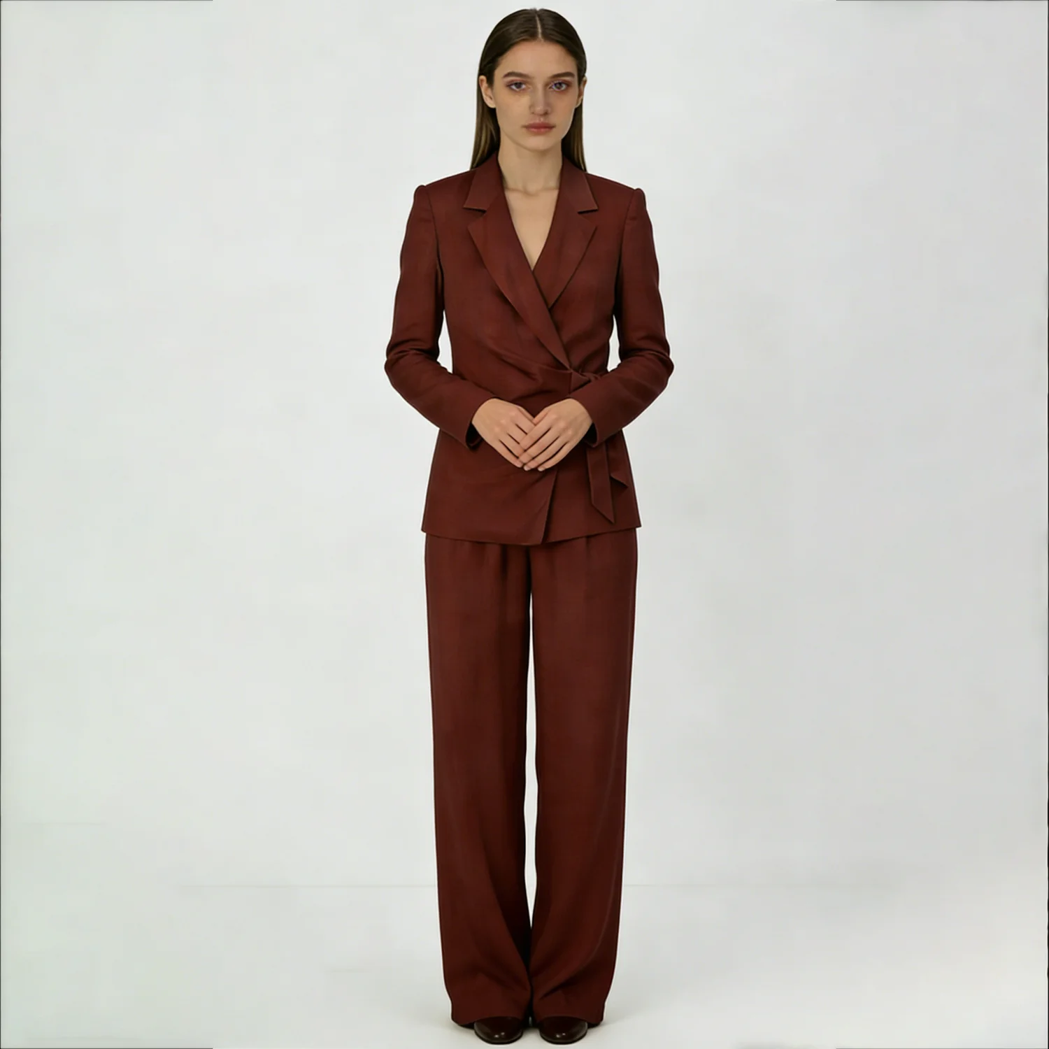 

LIMO 2026 New Women's Burgundy Linen Suit - Side Tie Waist Blazer & Loose Wide Leg Pants, Elegant Business Casual Outfit