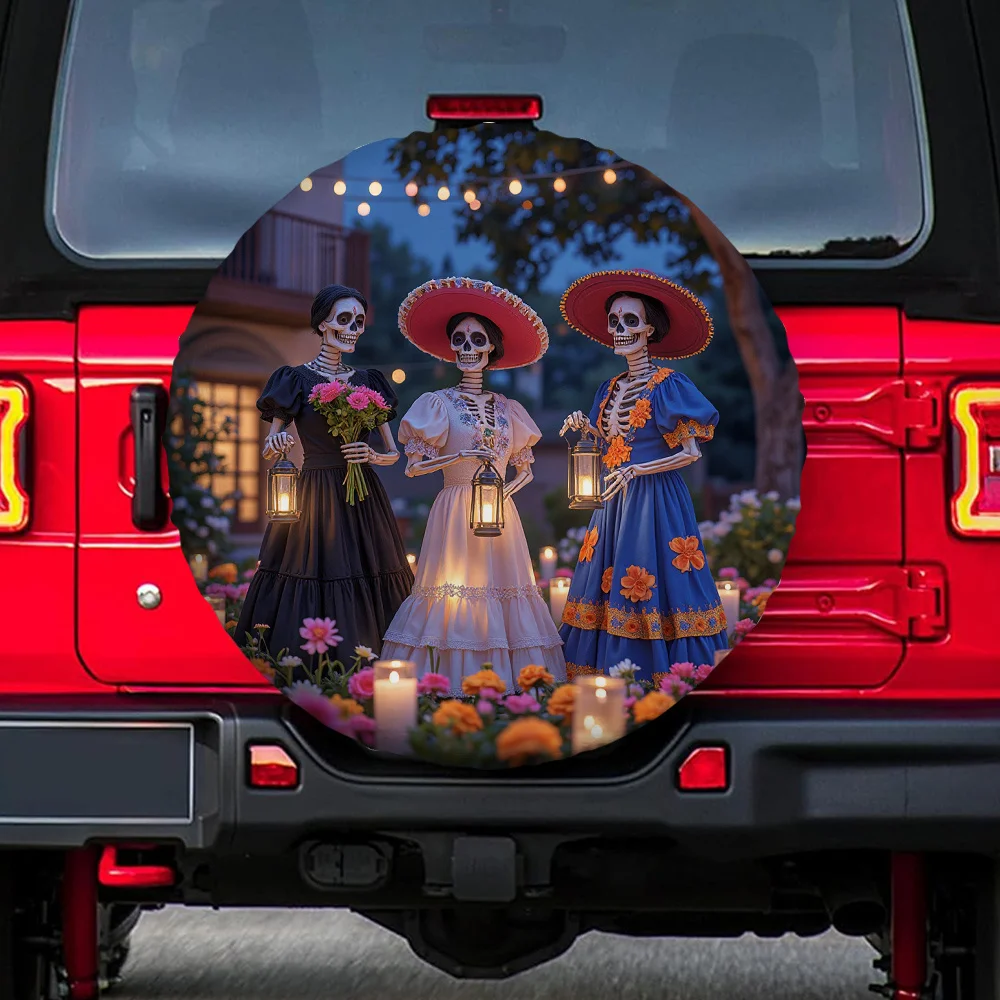 One Piece Of 2D Flat-Printed Colorful Day Of The Dead Party Tire Covers Featuring Vibrant Flowers Made From 100% Polyester Fabri