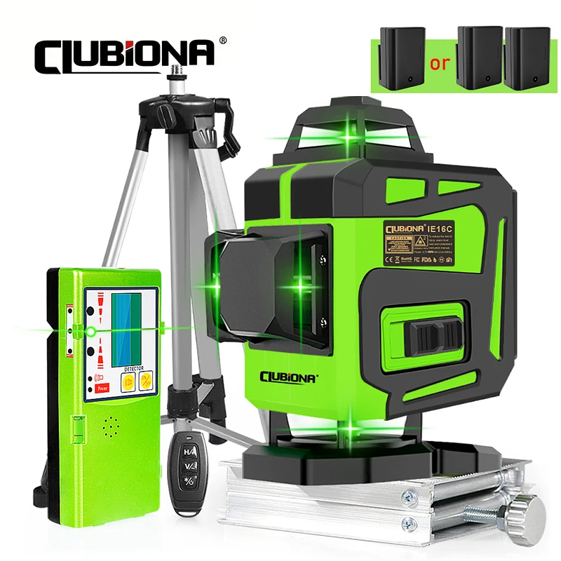 

CLUBIONA 3D/4D 12/16 Lines Green Laser Level 360 Horizontal Vertical Cross-Line Self-Leveling Remote Control with 1/2 Batteries