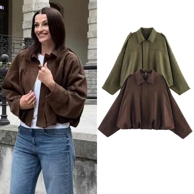 

Autumn Winter Women Suede Jacket Coat 2025 New Fashion Long Sleeve Zipper Loose Bomber Coat Chic Lady Casual Streetwear