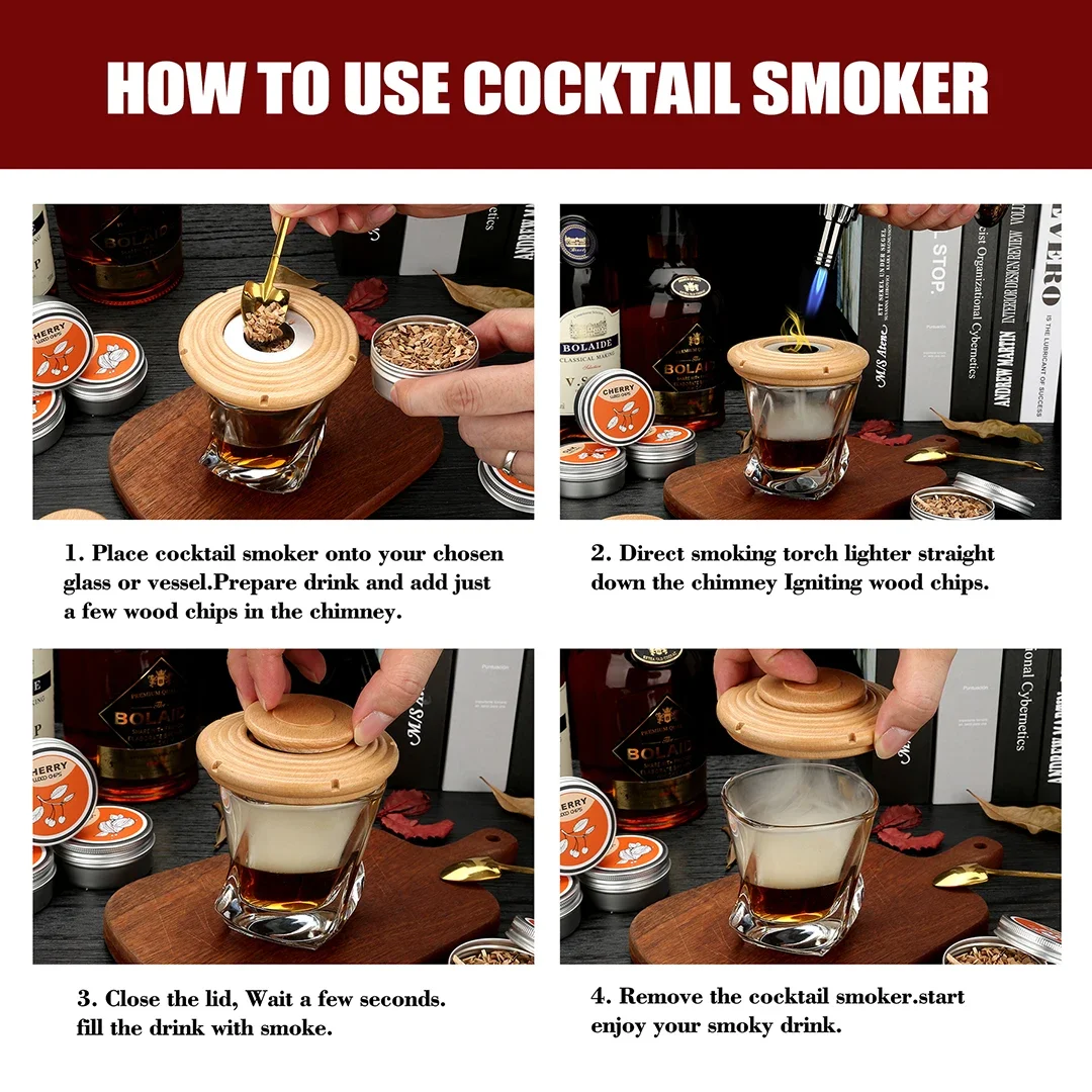 Kitchen Bar Tools Cocktail Smoker Kit 4 Types Smoked Wood Sustainable Flamethrower Party Reception Whiskey Beer Drink Smoker Set