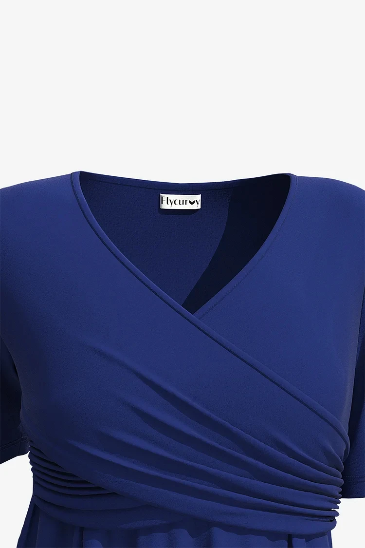 Flycurvy informal-Blusa plisada con cuello en V, Túnica cruzada, color azul oscuro, talla grande