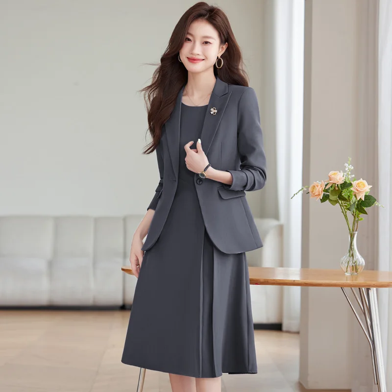 Office Suit Women Blazer + Midi Sleeve Suit Dress Set Elegant 2-piece Fall Winter New High-quality Executive Lady Workwear Suit