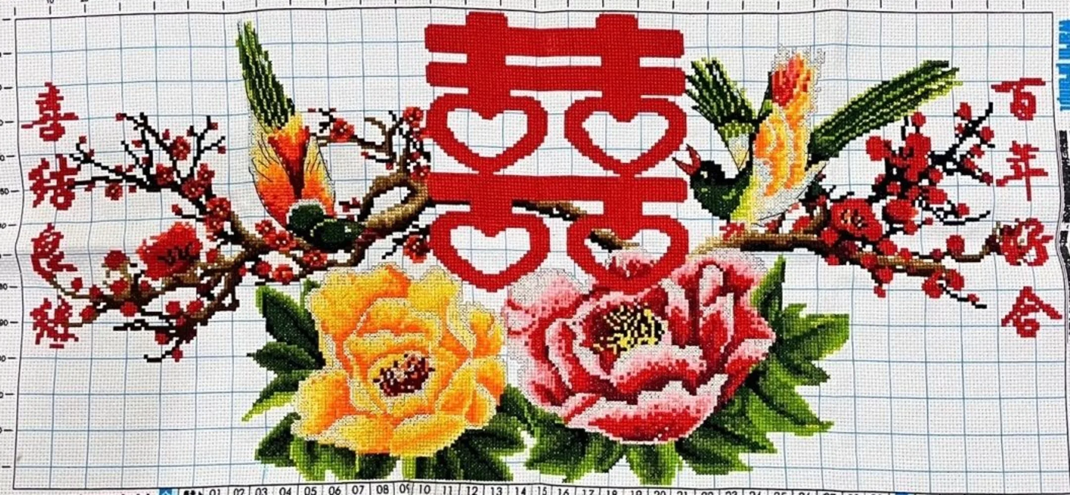 Handmadecrossstitchproductsarefullofjoy formingaliving room with a century old marriage,celebration,blooming flowers, and wealth