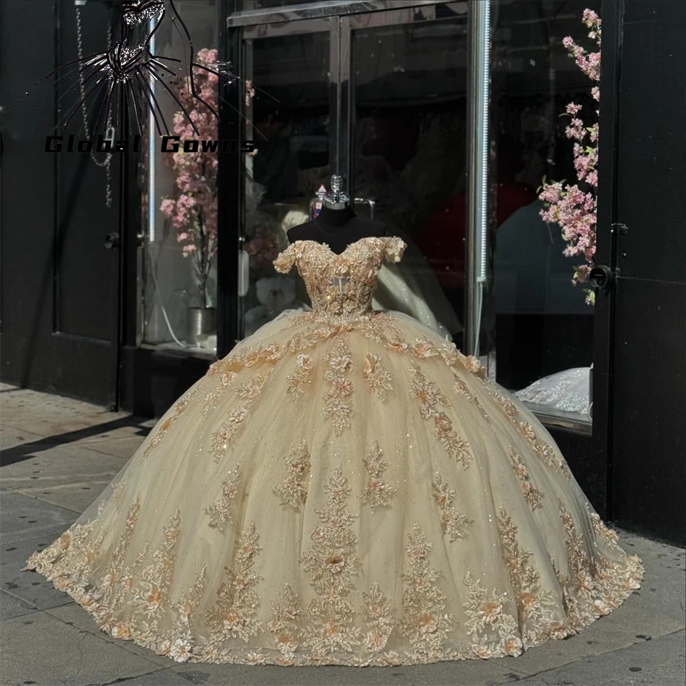 

Mexico Champagne Off The Shoulder Ball Gown Quinceanera Dresses For Girls Appliques Party Gowns 3D Flowers Sweet 16 Robe De Bal