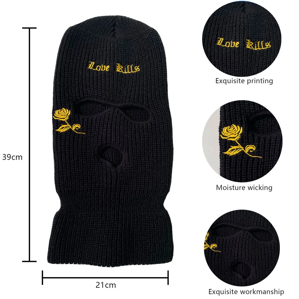 1PC Fashion Embroidery Rose Flower Winter 3 Hole Face Mask Warm Hood Sports Skiing Hat Outdoor Cycling Knitted Pullover Hat