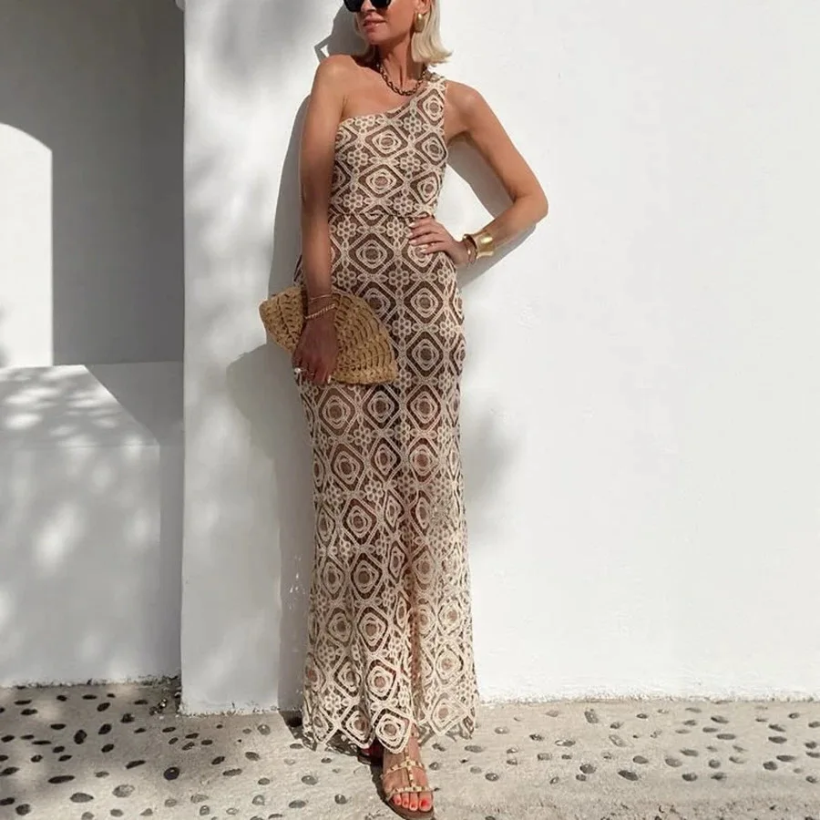 Vestido de punto sin mangas con hombros descubiertos y encaje para mujer, vestido de verano y primavera con cuello cuadrado, mono, overol, playsuit