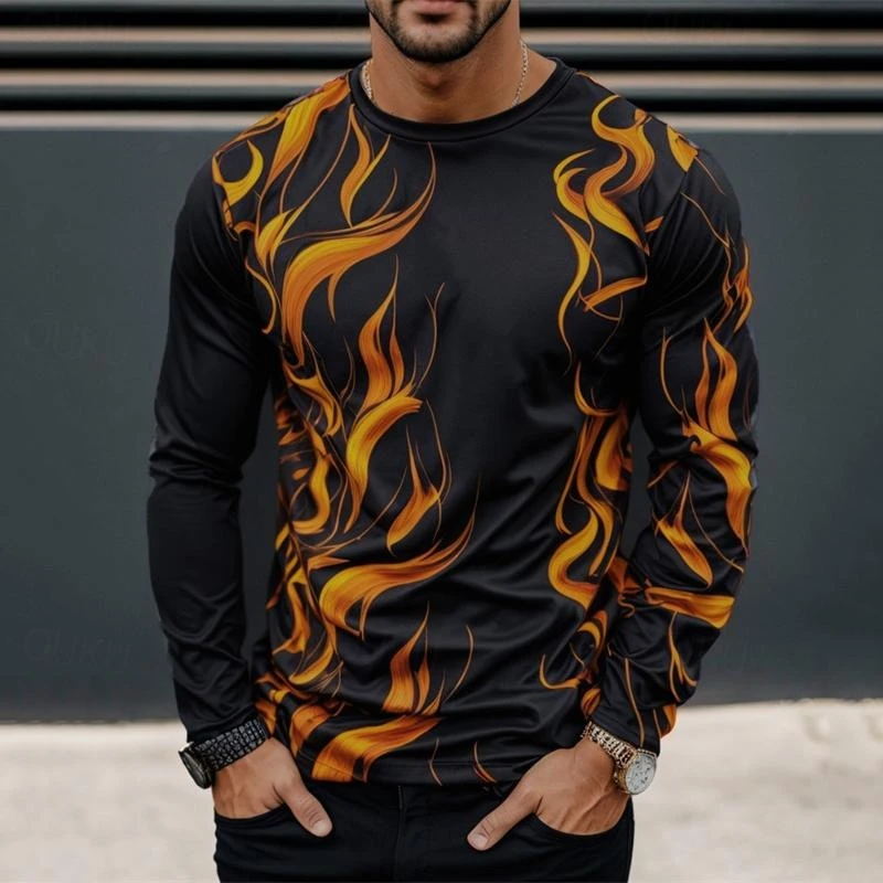 Fashion flame T-shirts Men's Clothing Long Sleeve O-neck Oversized T Shirts 3D Printed Colorful Stone Design Sense Tops