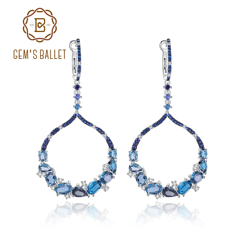 

GEM'S BALLET London Blue Topaz Statement Dangle Earrings in 925 Sterling Silver Handmade Huge Circle Earrings Topaz Jewelry