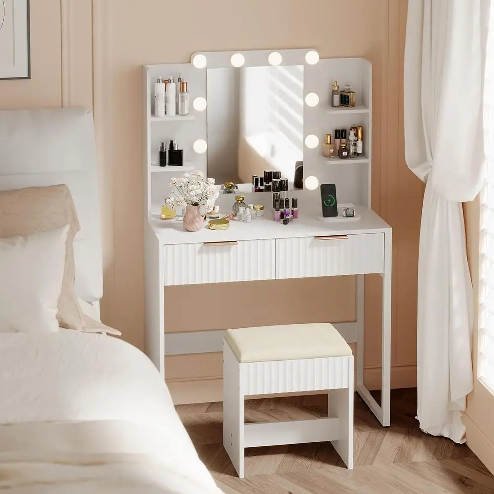 VINGLI luted Makeup Vanity Desk with Mirror and Lights and Stools, Small Vanity Table with Bench Chair & 2 Ders & 4 Storage Shel