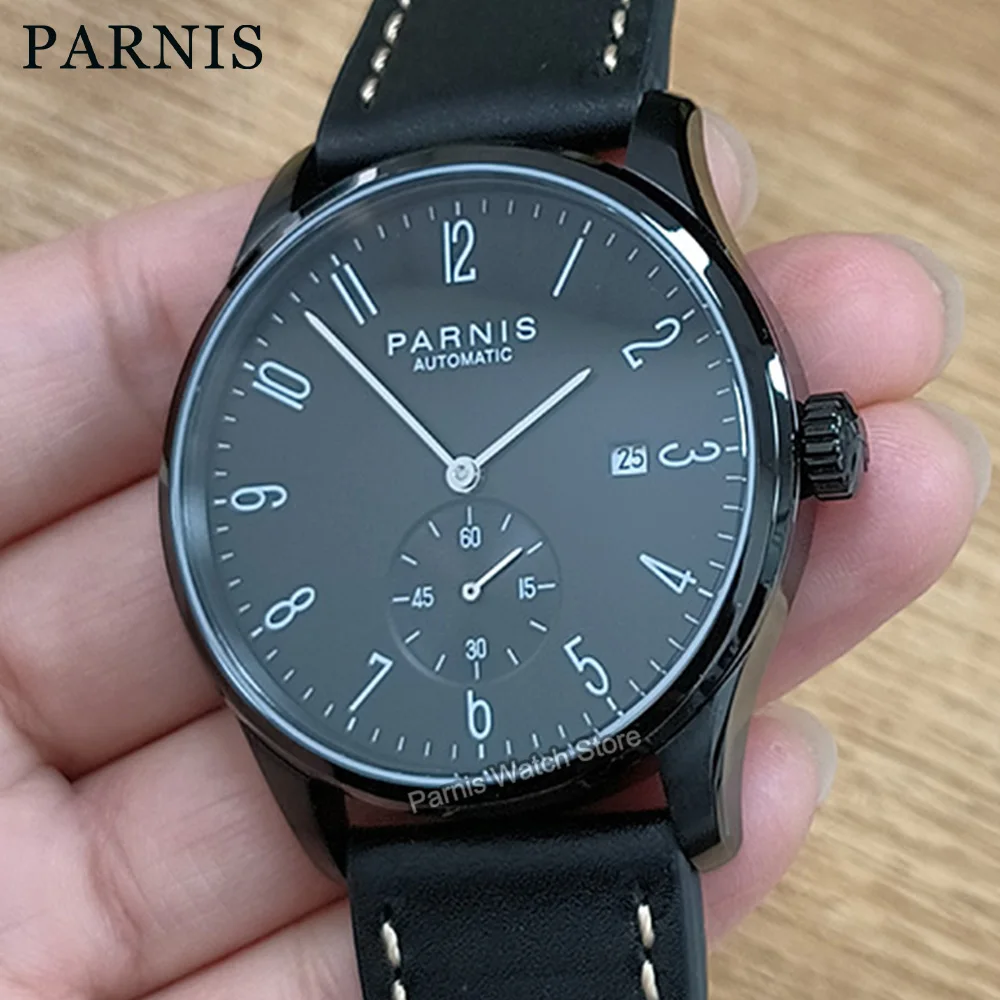 Parnis 41.5mm Automatic Movement Men\'s Boys Guy Casual Black Case  Leather Strap Wristwatch