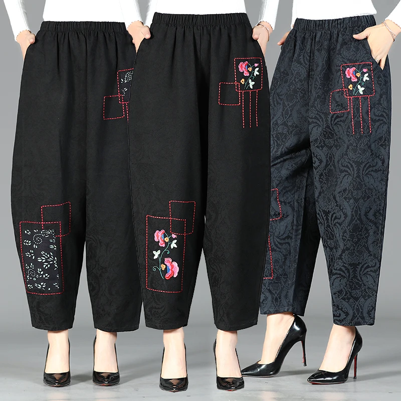 

Womans Summer Cotton Linen Cropped Trousers Middle-Aged Embroidered Spring Autumn Mom Casual Black Lantern Pants Female 4XL