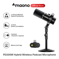 Micrófono inalámbrico híbrido Maono PD200W para podcast, PC/teléfono/cámara, micrófono dinámico XLR/USB para transmisión, grabación y creación de contenido.