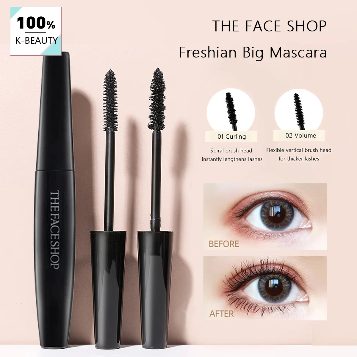 Máscara THE FACE SHOP Freshian Big, Fórmula Leve, Maquiagem de Luxo, Longa Duração, Fixação de Cílios, À Prova de Borrões, Cosmético Coreano