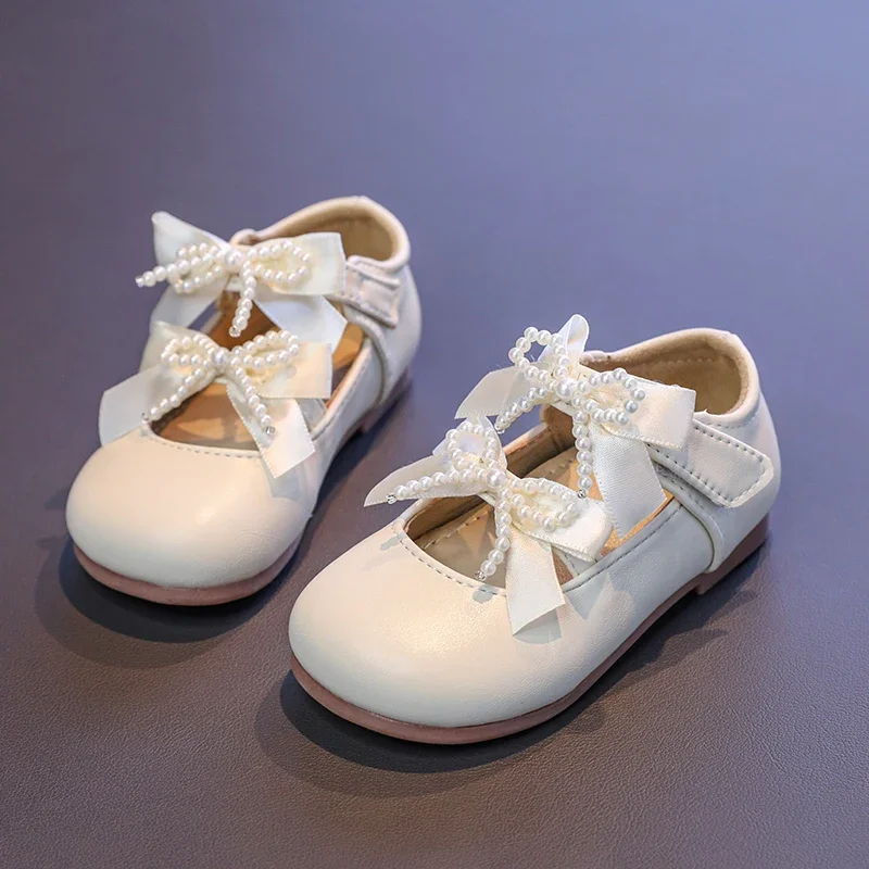Spring Autumn Children's Shoe for Girl Sweet Pearl Bowknot Kids Leather Shoes Fashion Wedding Party Princess Causal Flat Shoes